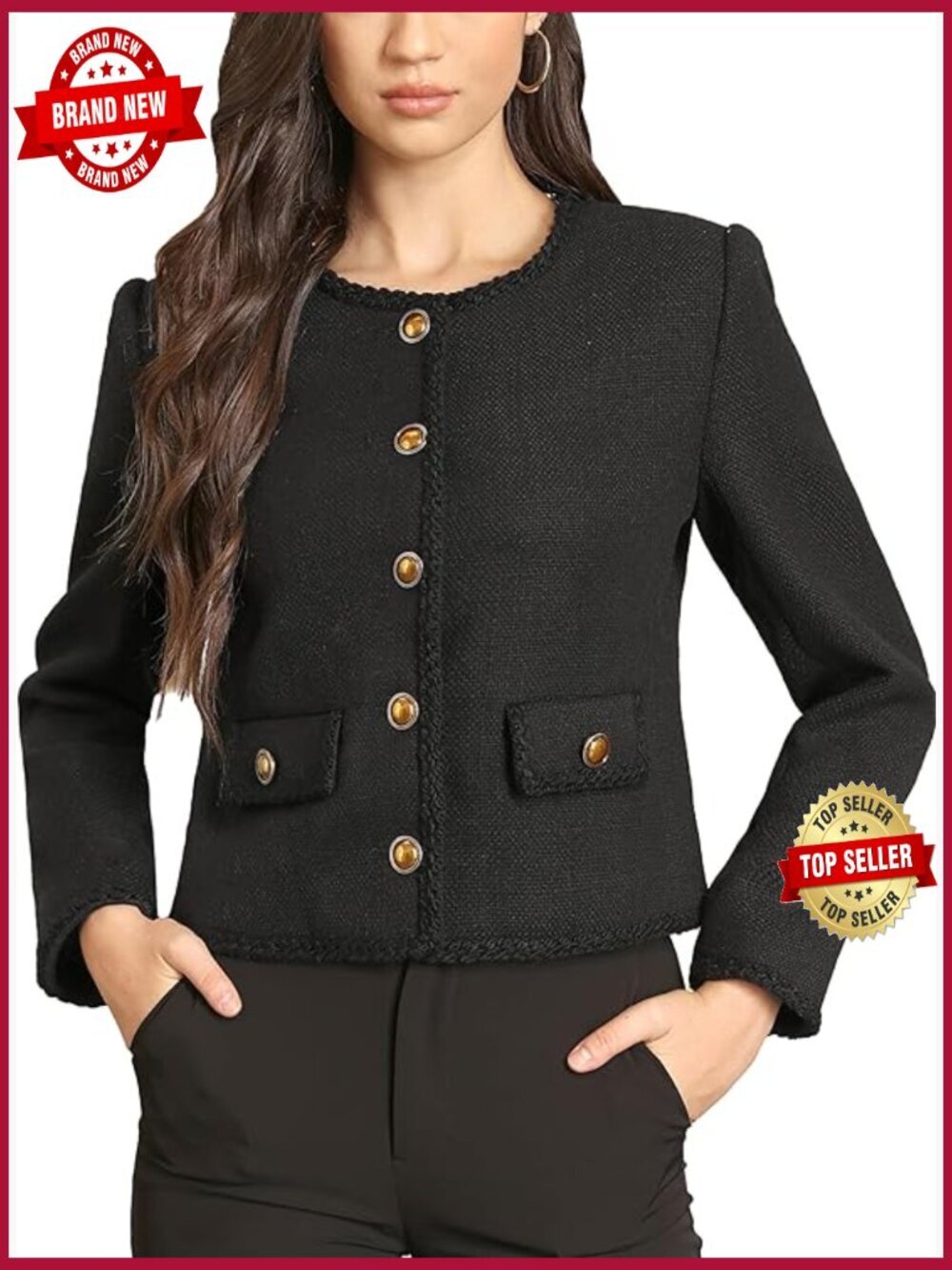 Cropped Tweed Blazer Jacket Collarless Vintage Button Down Casual Outerwear